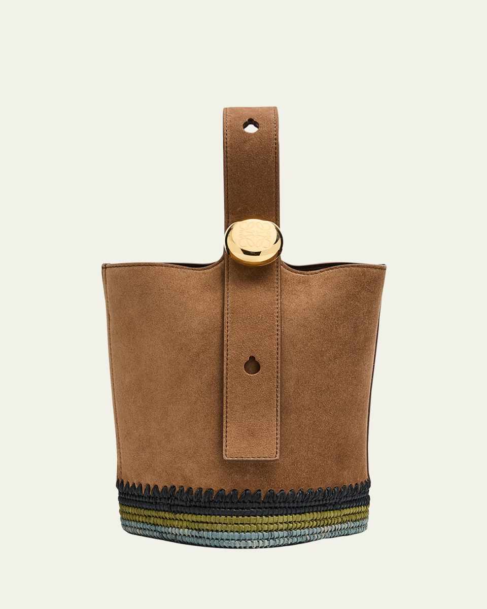 Pebble Raffia-Bottom Mini Bucket Bag in Suede